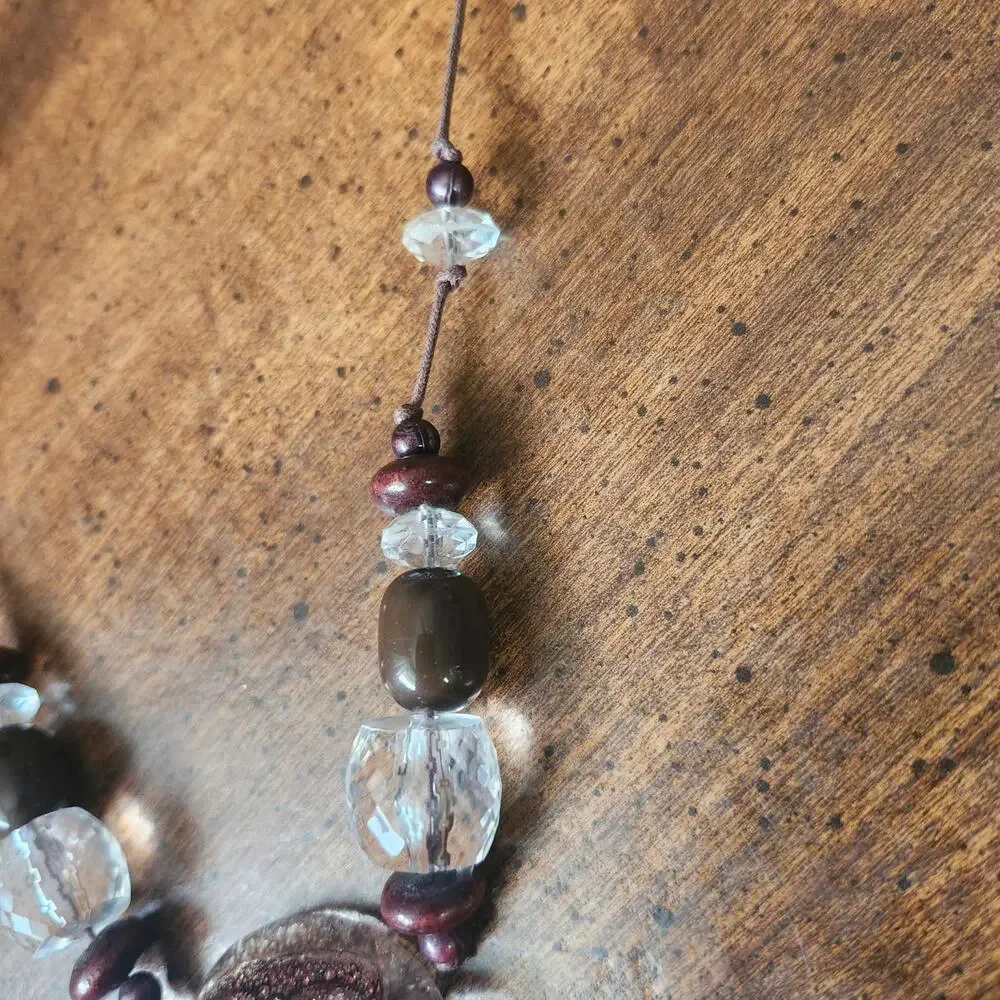 Brown Art Glass Pendant Wood Bead Cord Necklace Adjustable Boho Chunky‎